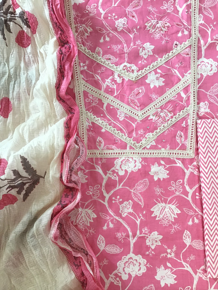 Image of Pure Cotton Printed Embroidered Suit - Pink