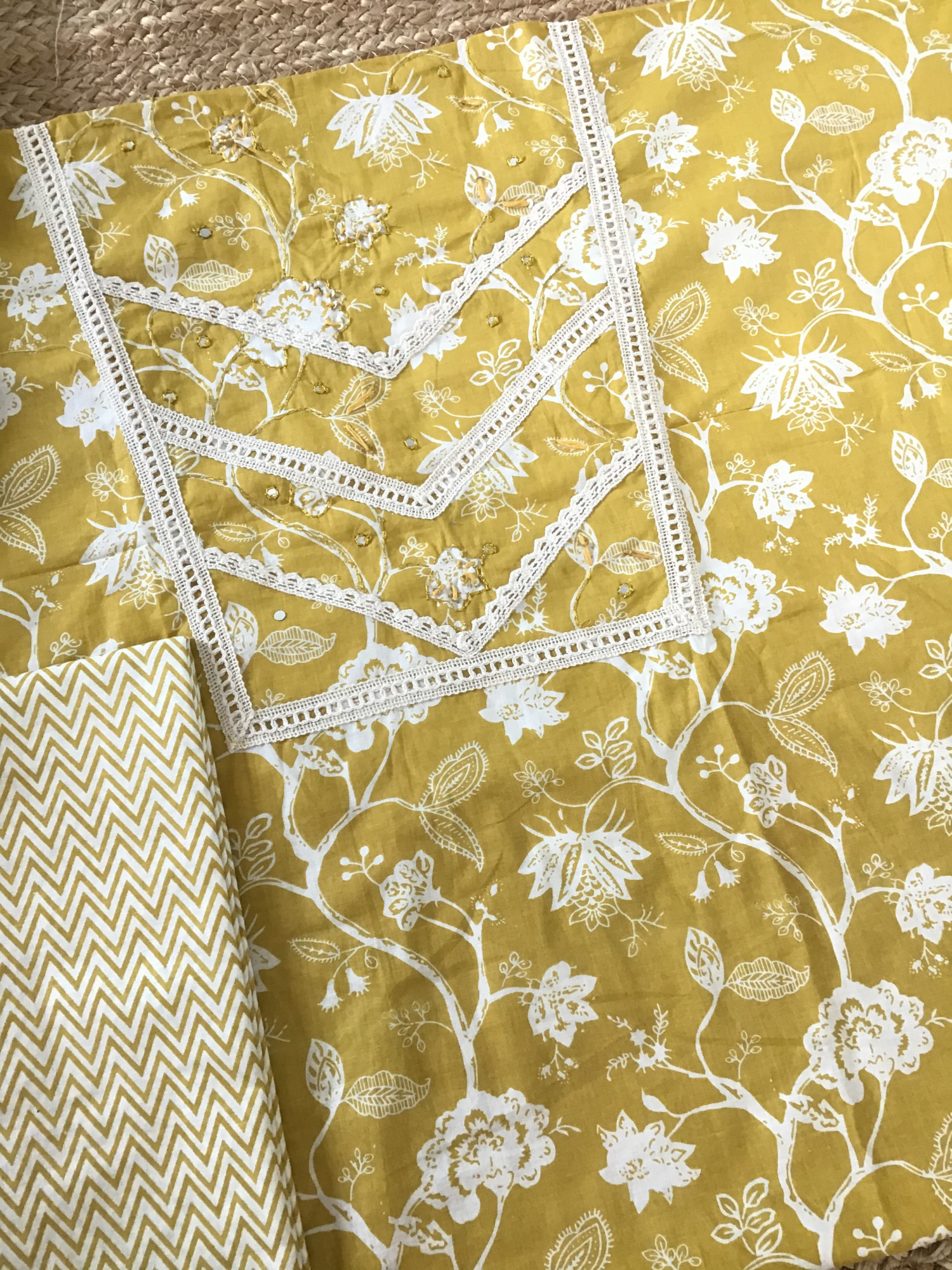 Pure Cotton Printed Embroidered Suit - Yellow