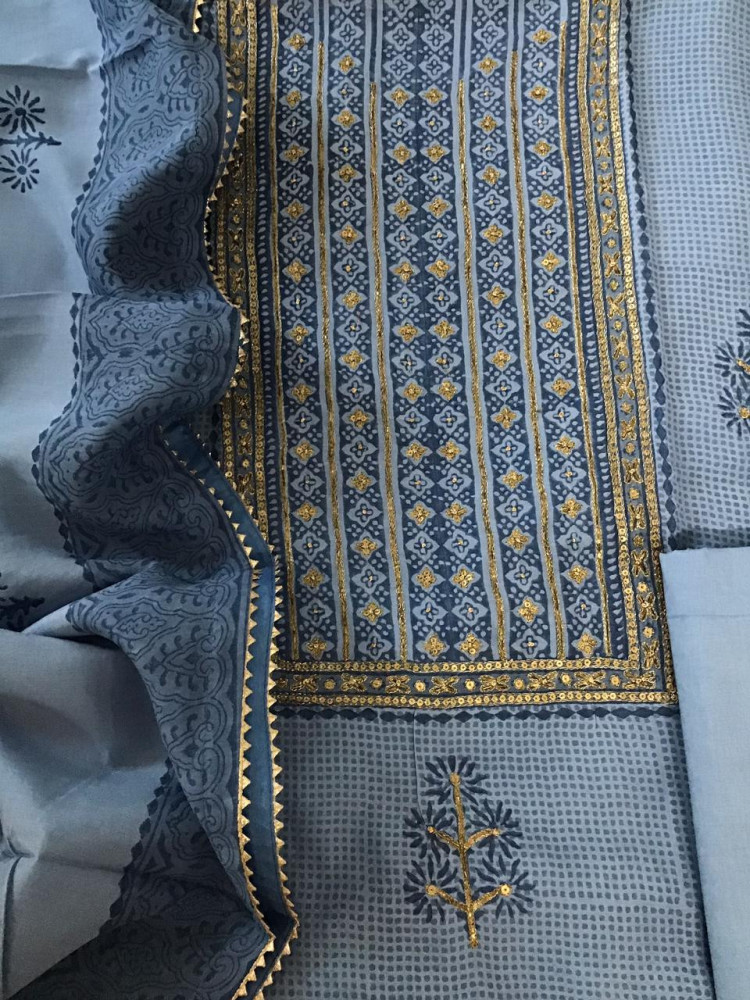 Image of Pure Maheshwari Printed Embroidered Suit - Blue