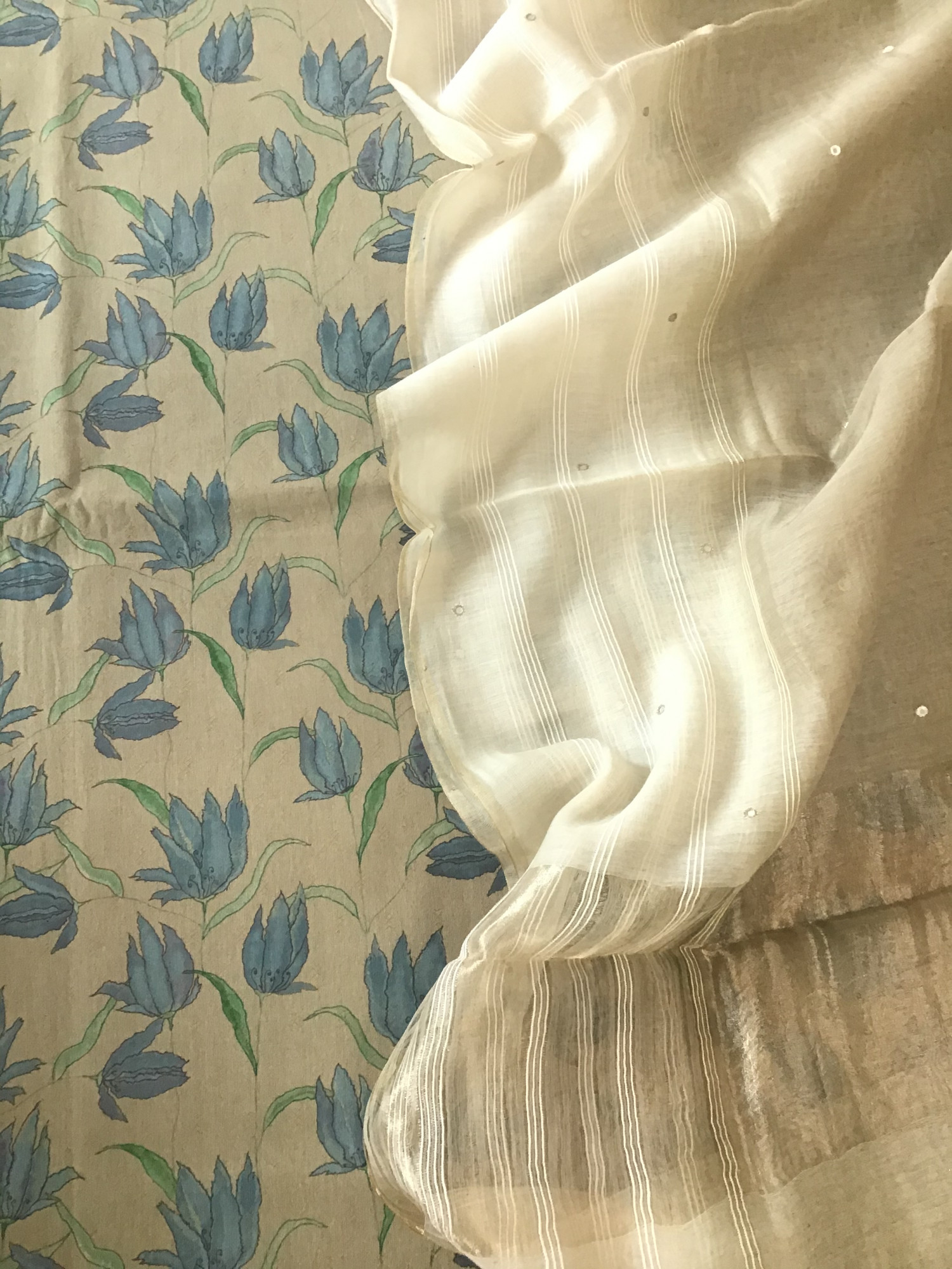 Pure Fine Cotton Printed Embroidered Suit - Beige