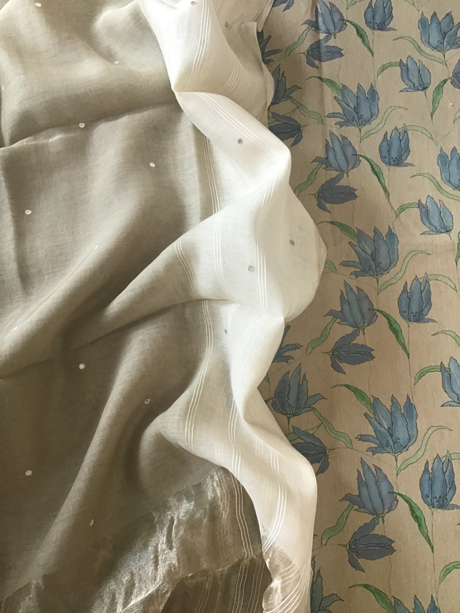 Pure Fine Cotton Printed Embroidered Suit - Beige