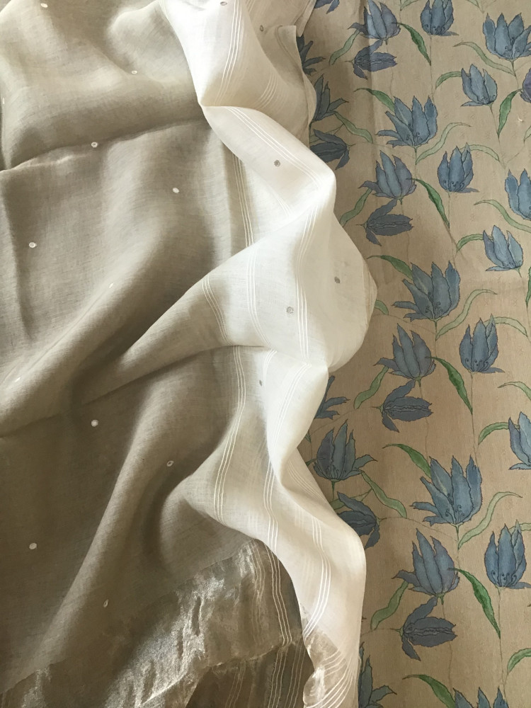 Image of Pure Fine Cotton Printed Embroidered Suit - Beige
