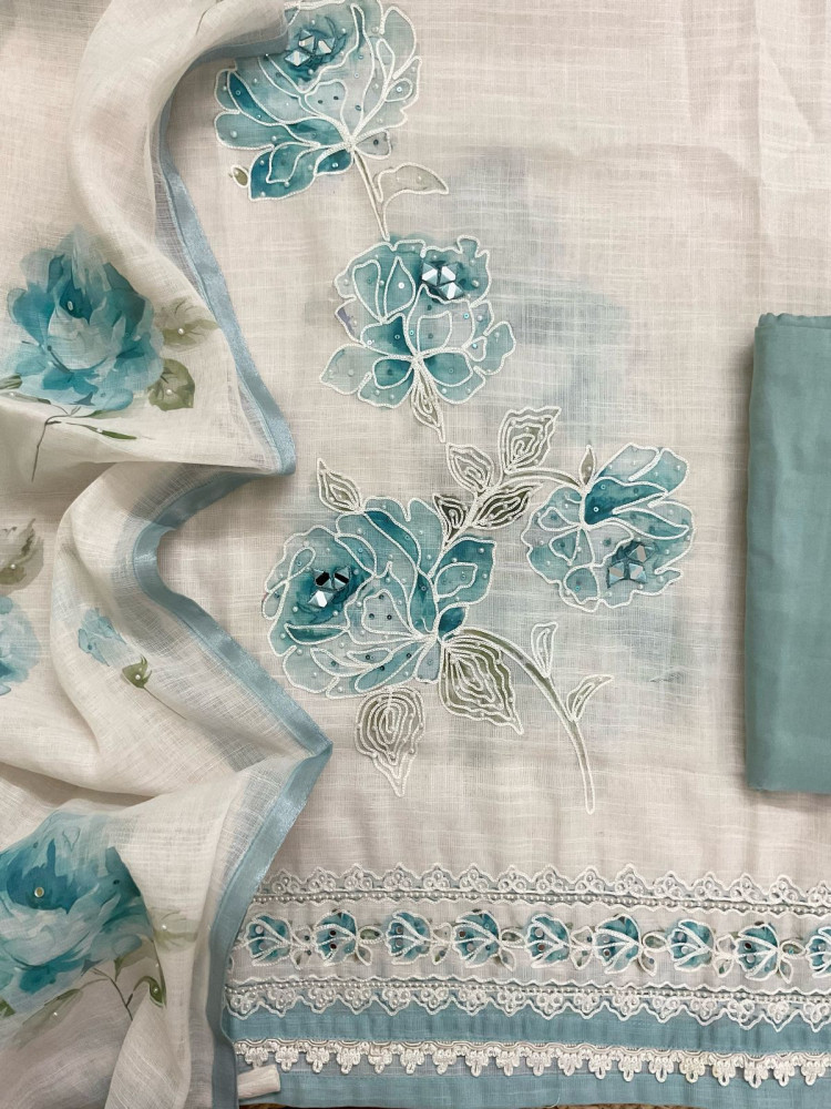 Image of Soft Linen Jute Cotton Printed Embroidered Suit - Offwhite