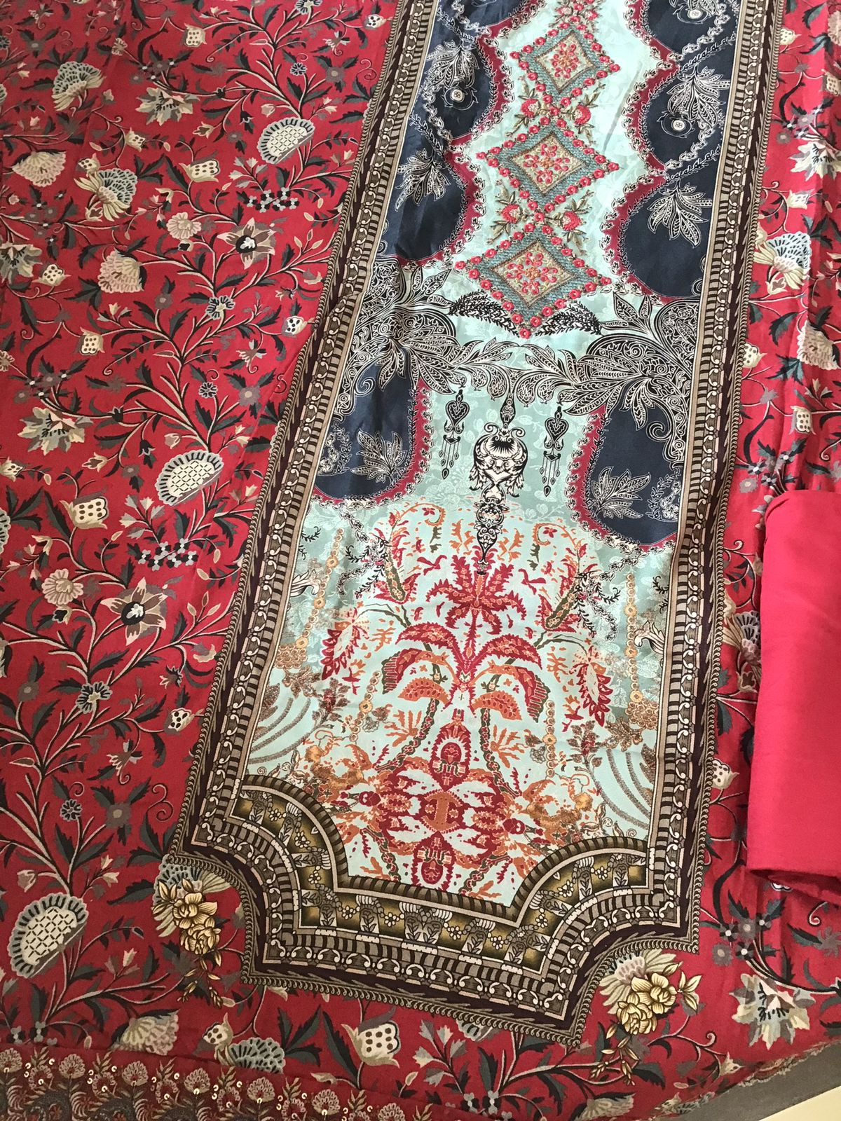 Soft Woollen Slub Silk Printed Embroidered Suit - Red