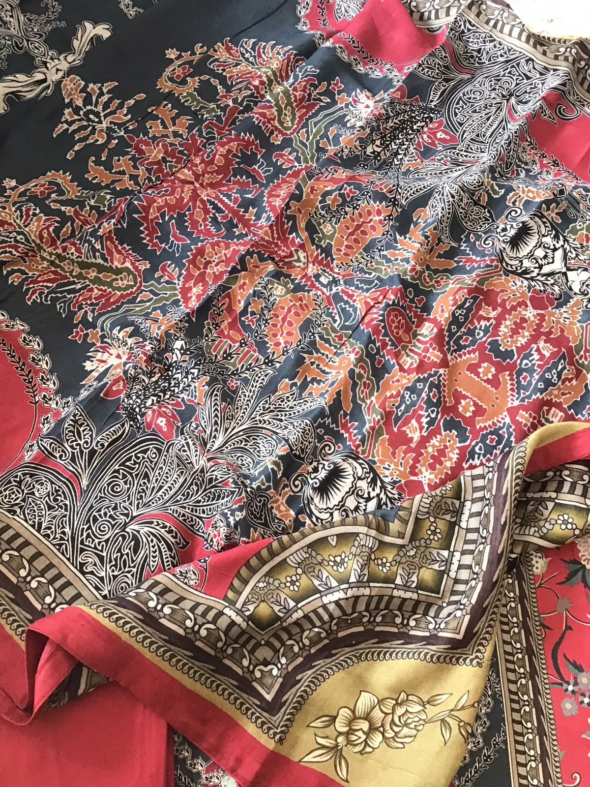 Soft Woollen Slub Silk Printed Embroidered Suit - Red