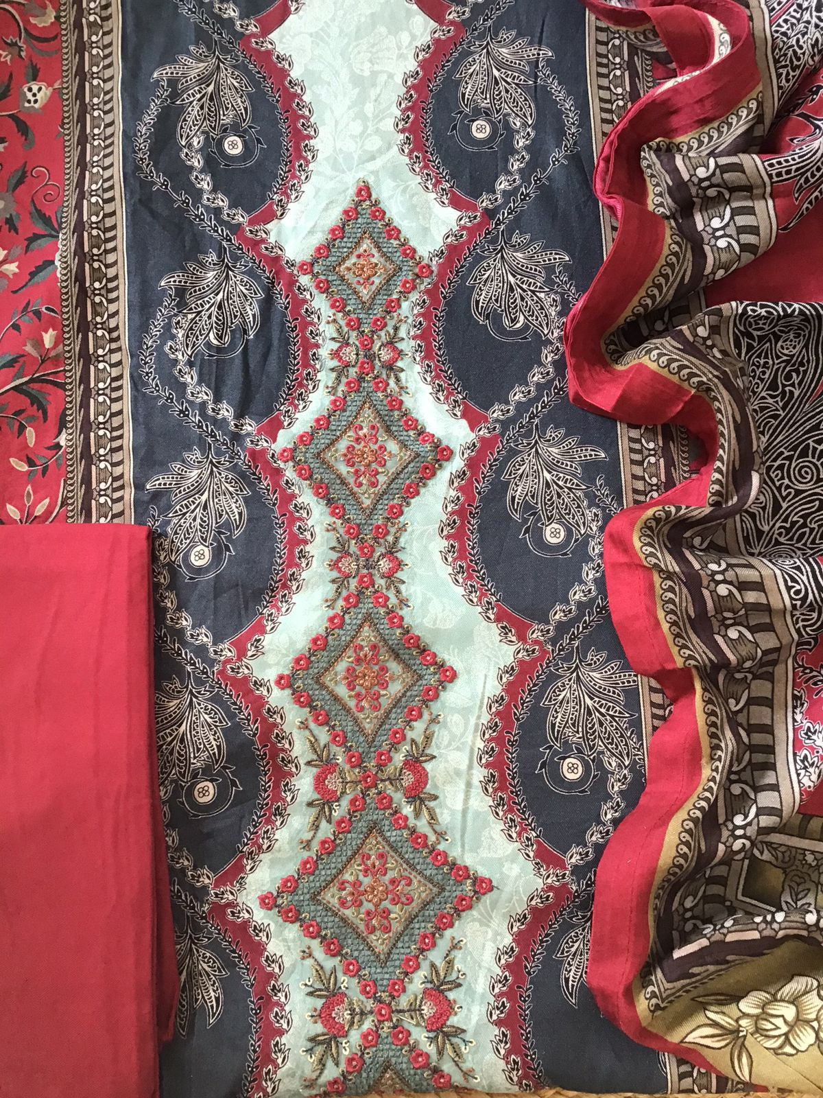 Soft Woollen Slub Silk Printed Embroidered Suit - Red