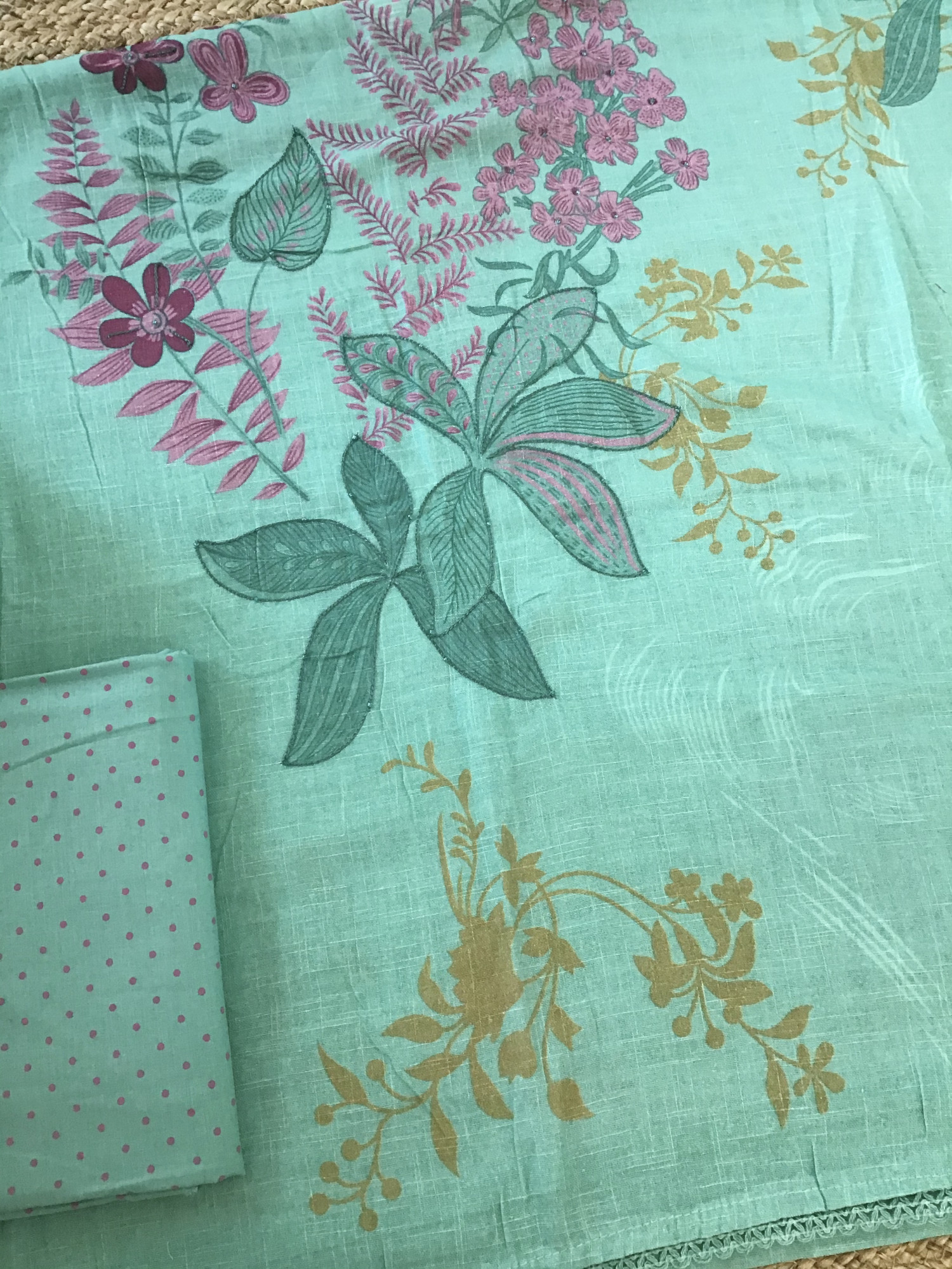 Soft Linen Jute Cotton Printed Embroidered Suit - Sea Green