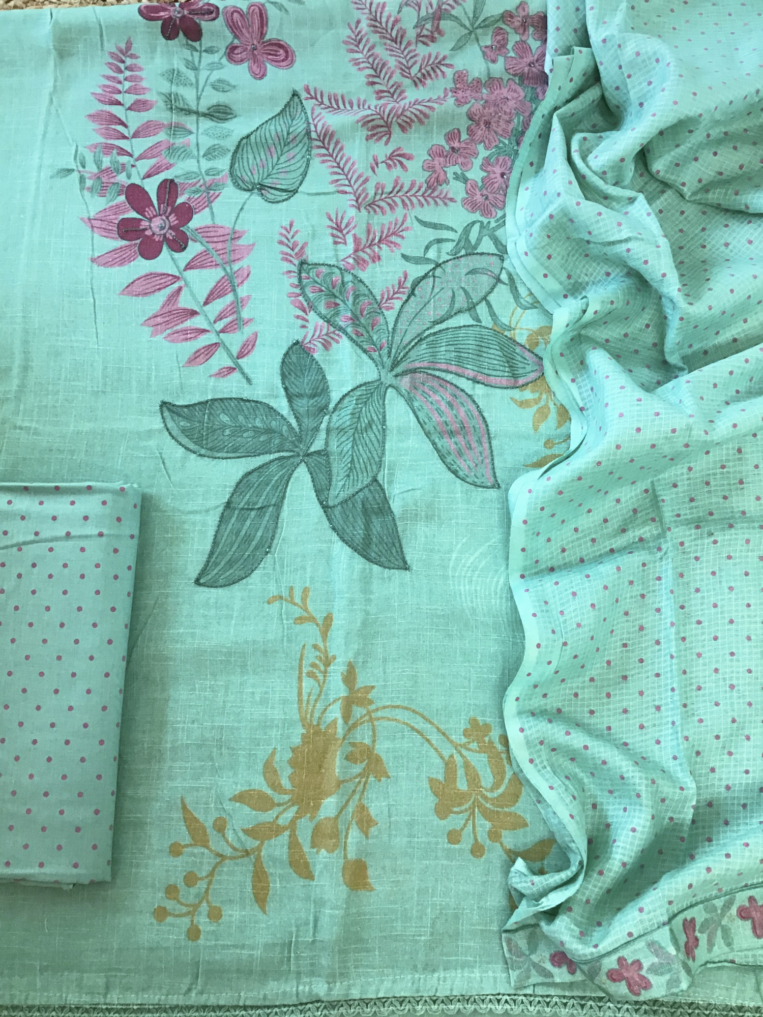 Soft Linen Jute Cotton Printed Embroidered Suit - Sea Green