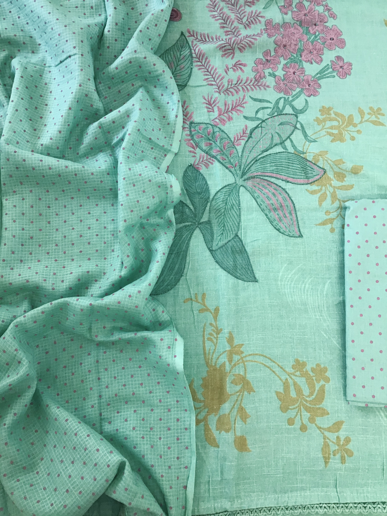 Soft Linen Jute Cotton Printed Embroidered Suit - Sea Green