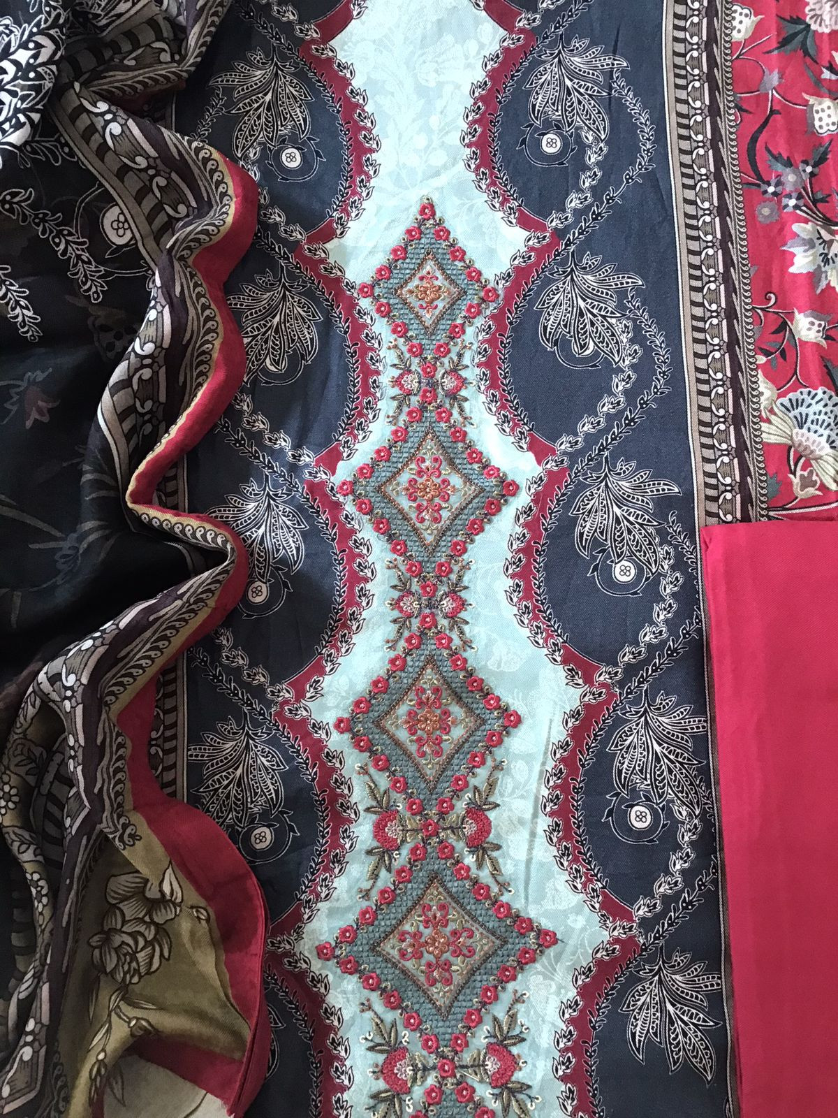 Soft Woollen Slub Silk Printed Embroidered Suit - Red