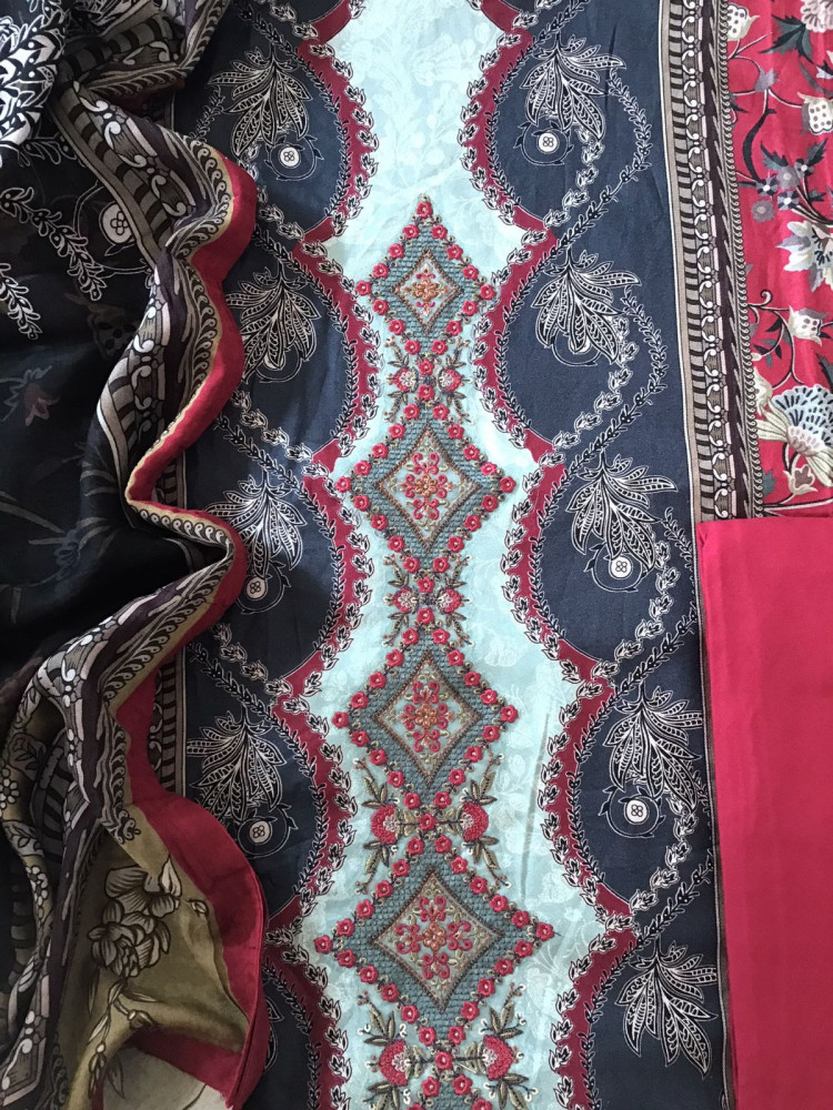 Image of Soft Woollen Slub Silk Printed Embroidered Suit - Red