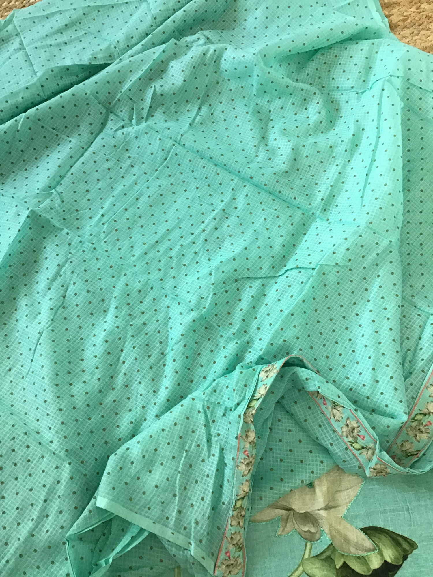 Soft Linen Jute Cotton Printed Embroidered Suit - Sea Green