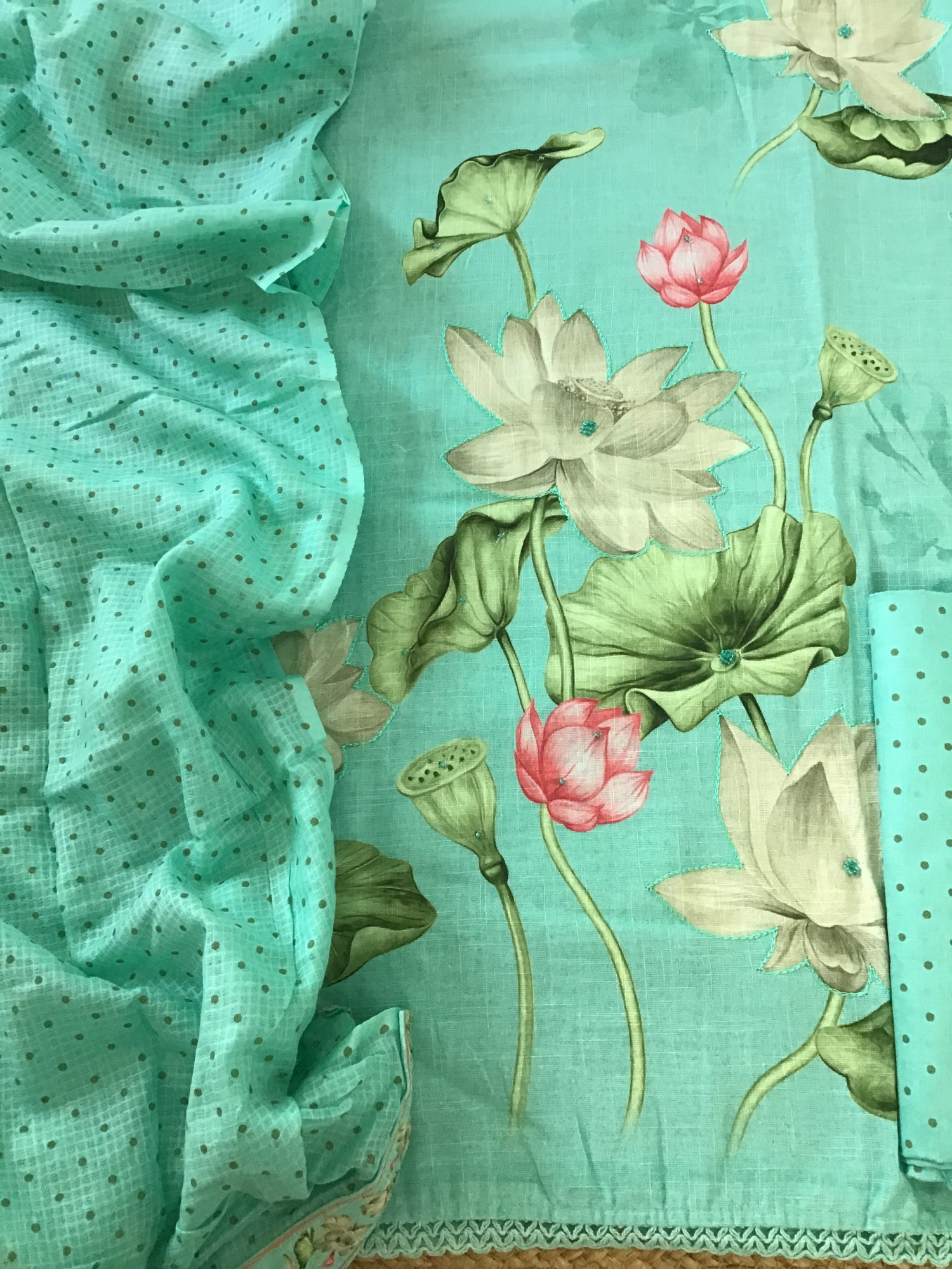 Soft Linen Jute Cotton Printed Embroidered Suit - Sea Green