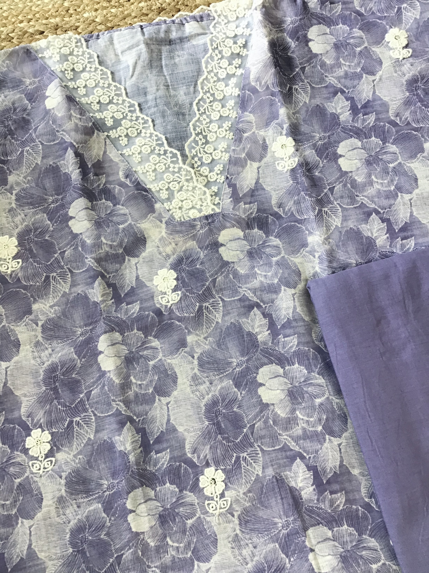 Soft Semi Linen Jute Cotton Printed Embroidered Suit - Purple