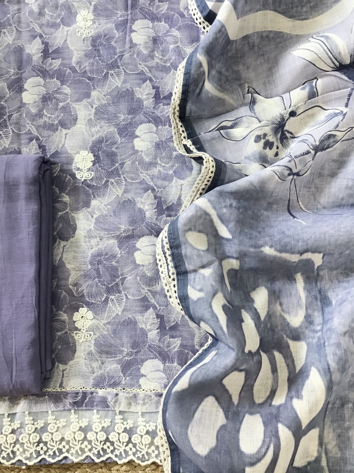 Soft Semi Linen Jute Cotton Printed Embroidered Suit - Purple