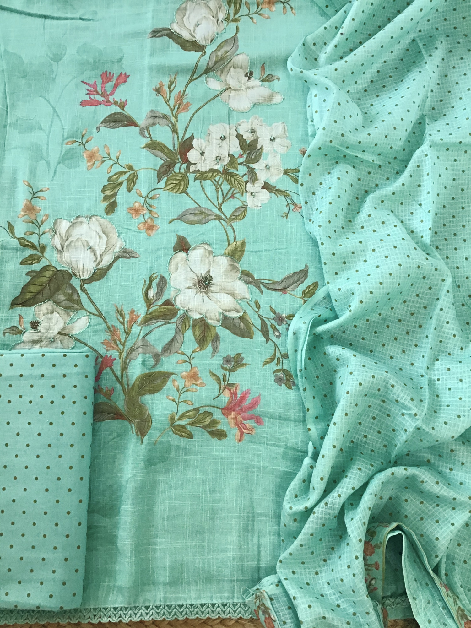 Soft Linen Jute Cotton Printed Embroidered Suit - Sea Green