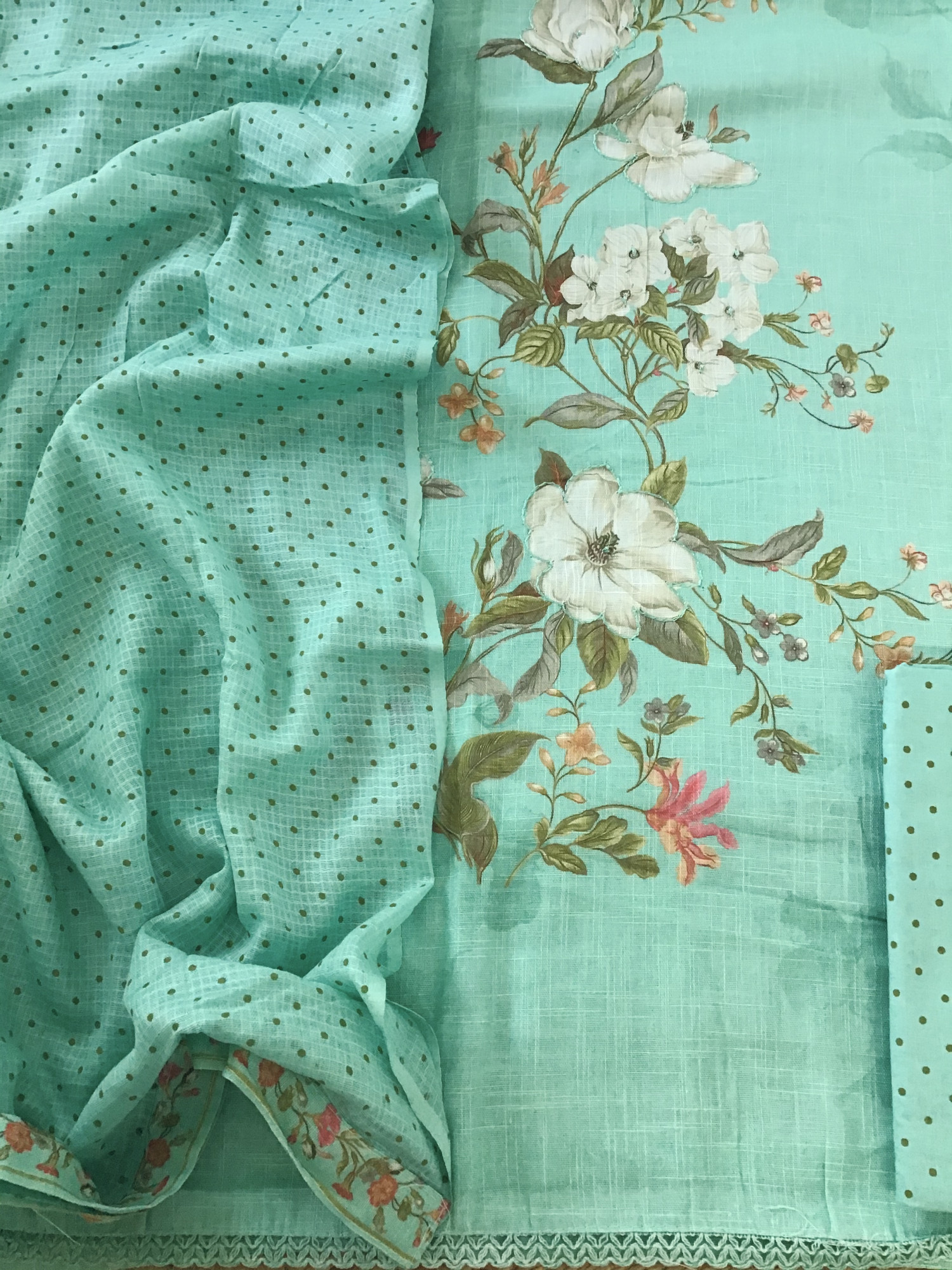 Soft Linen Jute Cotton Printed Embroidered Suit - Sea Green