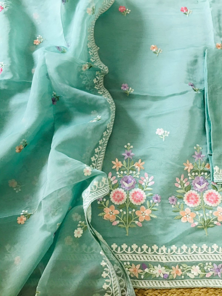 Image of Soft Organza Embroidered Suit - Blue