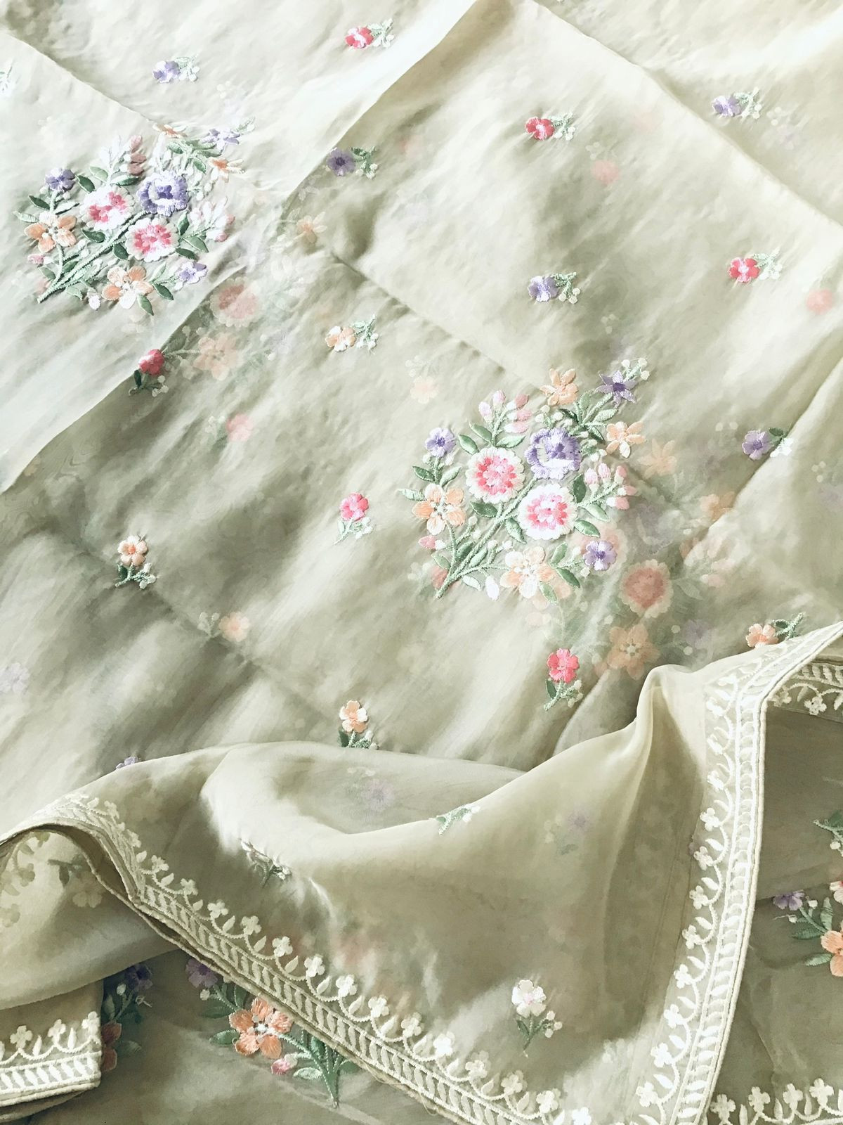 Soft Organza Embroidered Suit - Beige