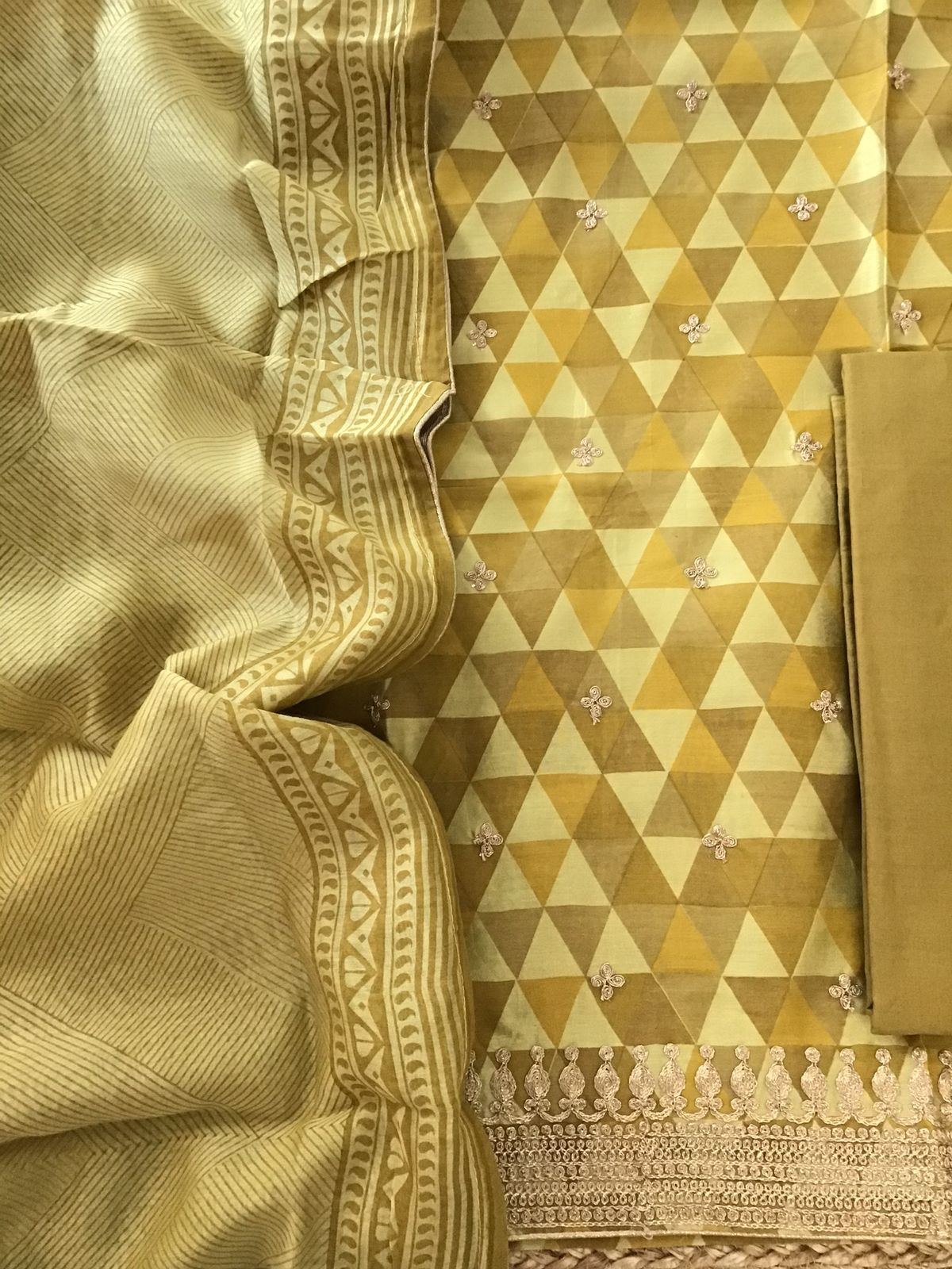 Pure Maheshwari Printed Embroidered Suit - Yellow