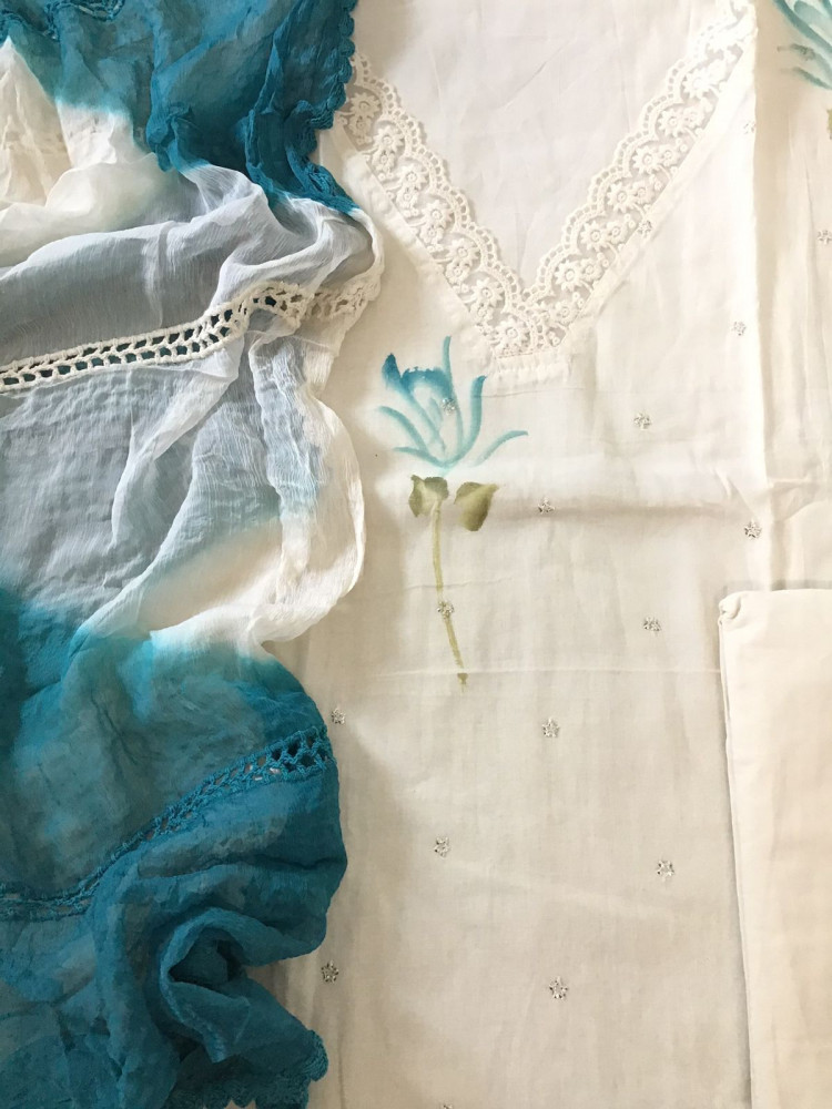 Image of Pure Cotton Brush Painted Embroidered Suit - Offwhite