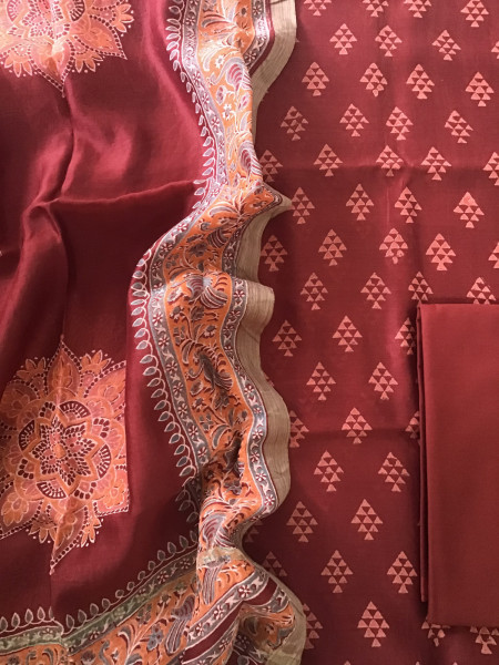 Image of Pure Chanderi Printed Suit - Maroon