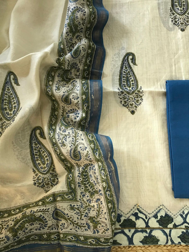 Image of Soft Slub Chanderi Printed Embroidered Border Suit - Beige
