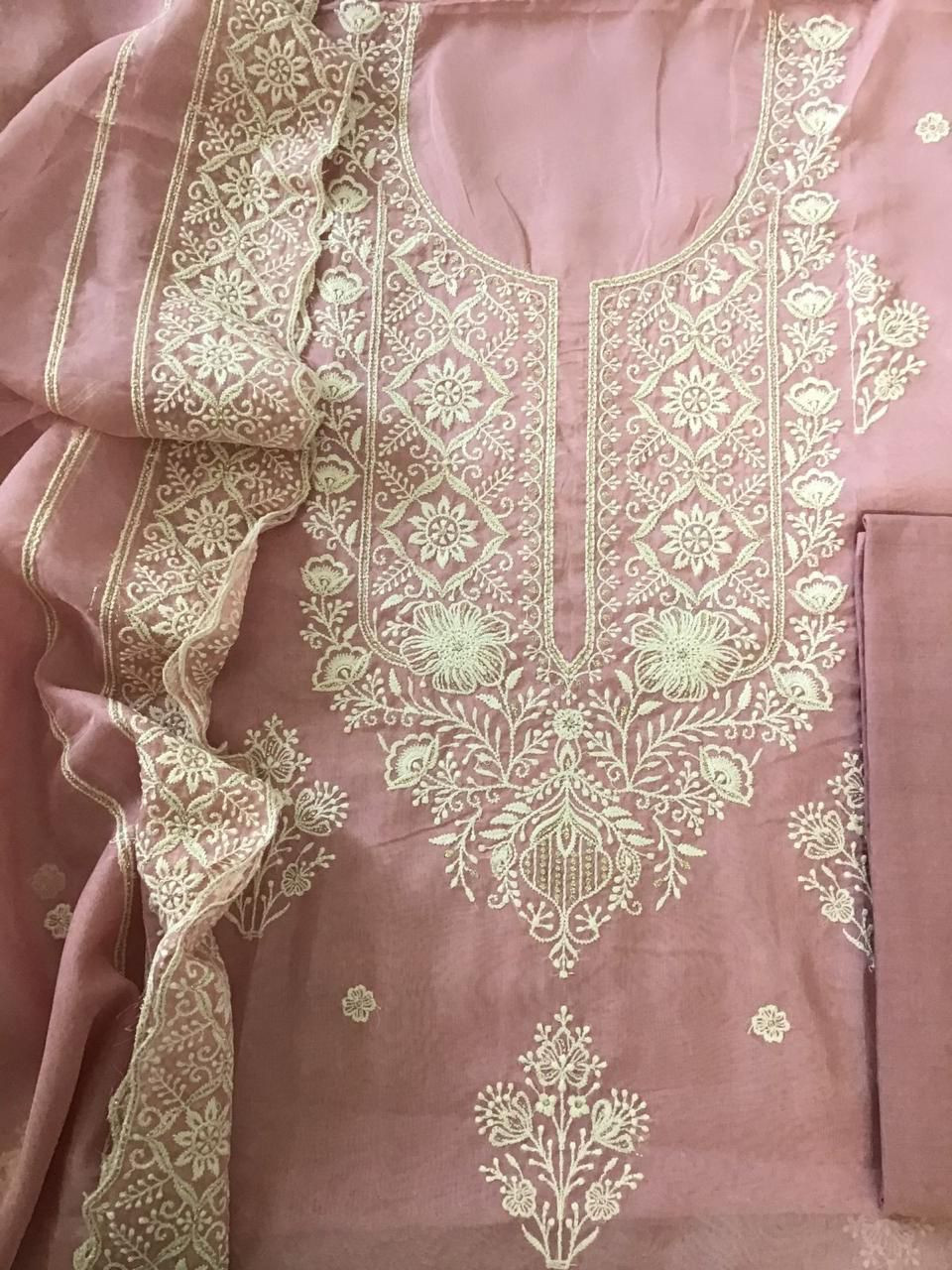 Soft Fine Organza Embroidered Suit - Pink