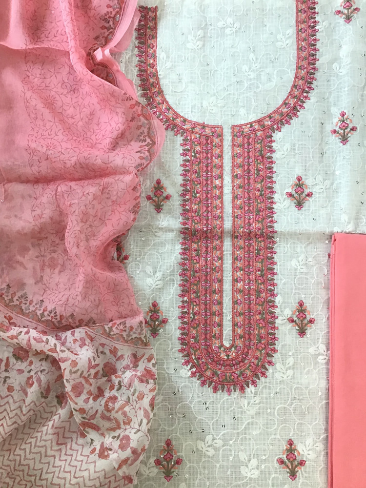 Image of Pure Kota Cotton Embroidered Suit - White/Pink