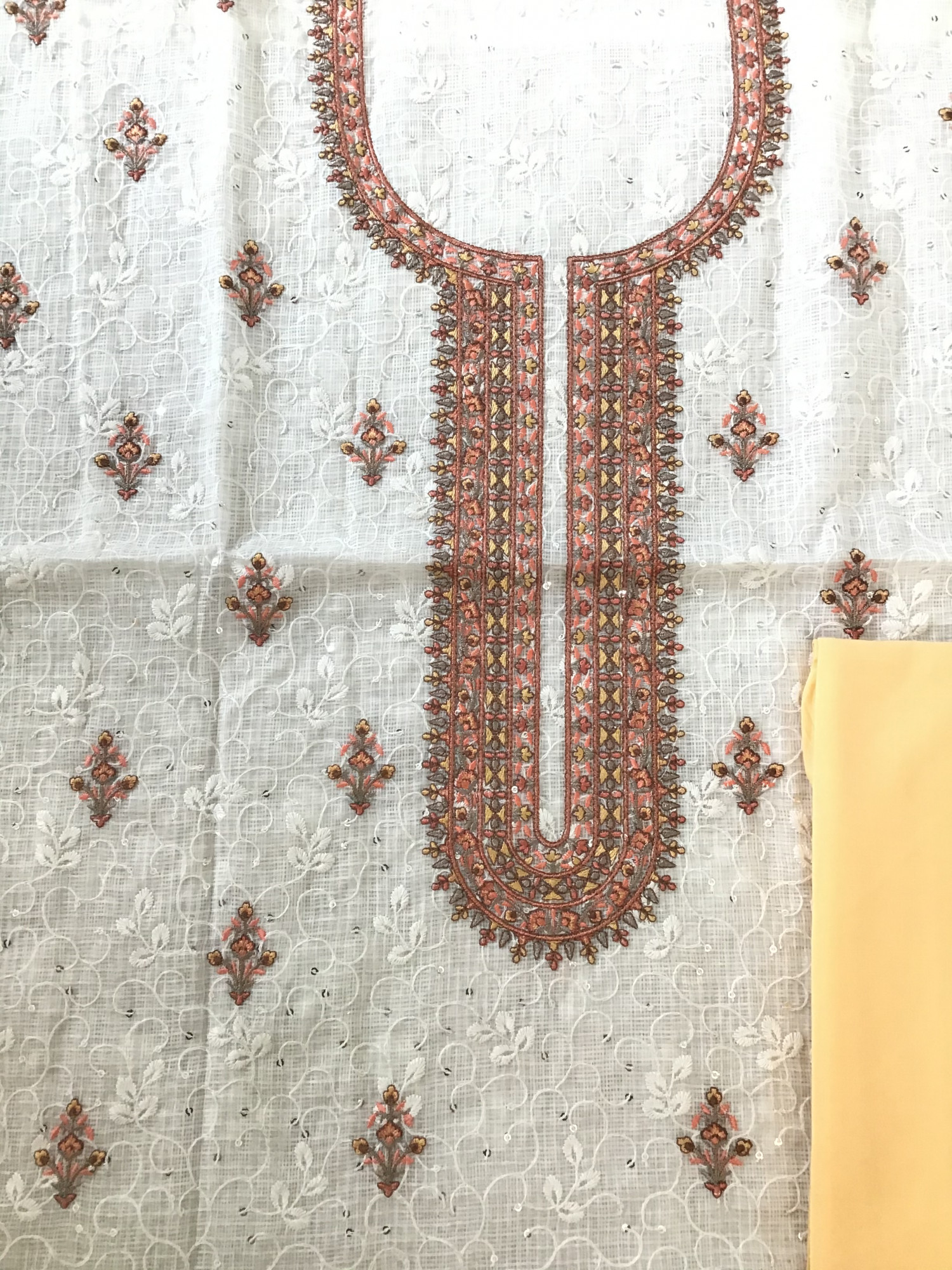 Pure Kota Cotton Embroidered Suit - WhiteYellow