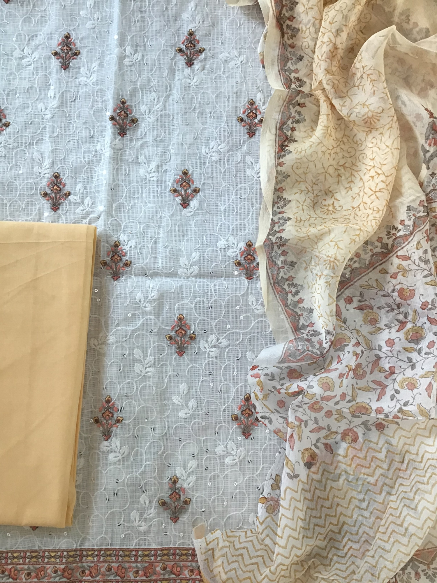 Pure Kota Cotton Embroidered Suit - WhiteYellow