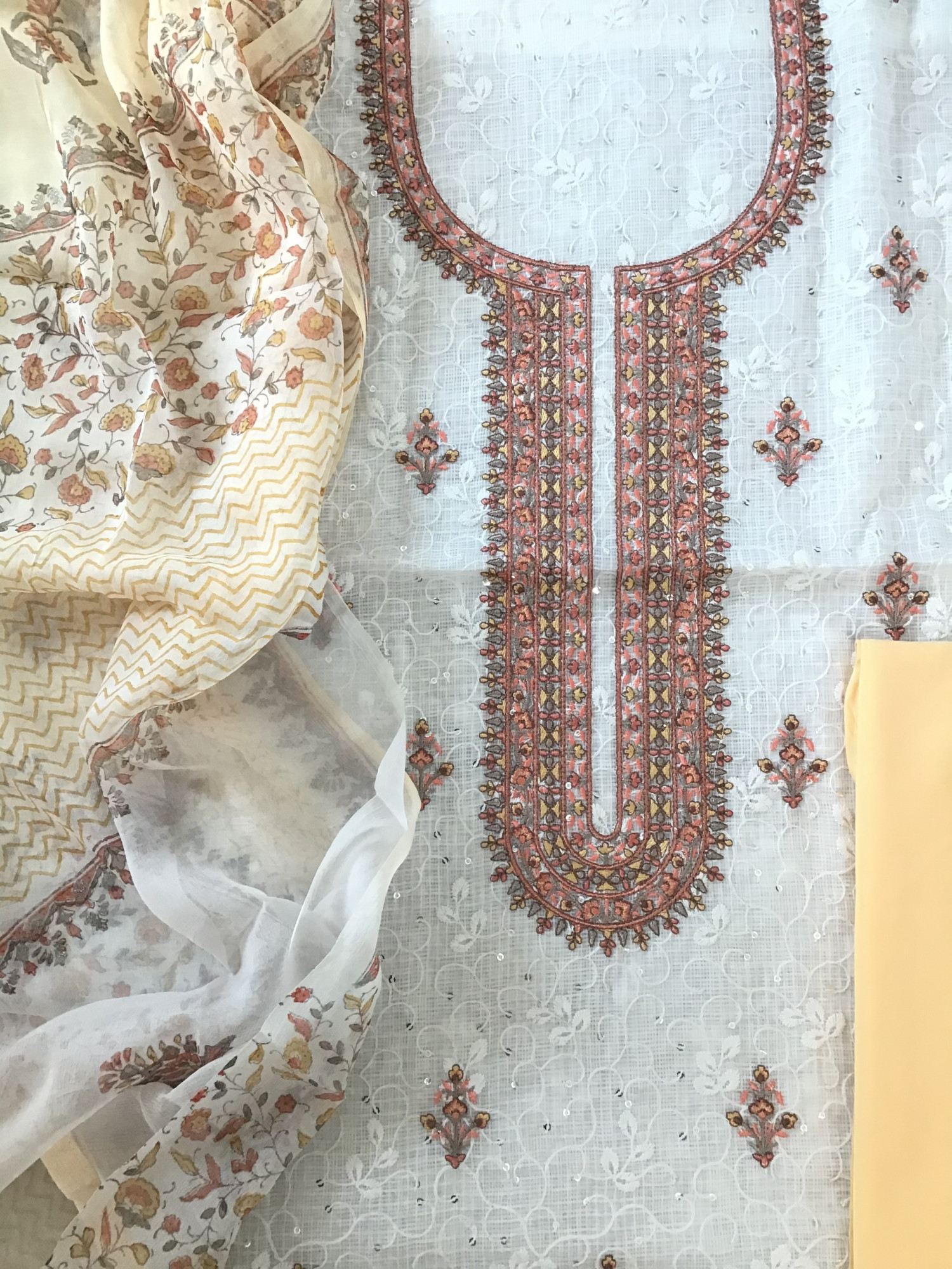 Pure Kota Cotton Embroidered Suit - WhiteYellow