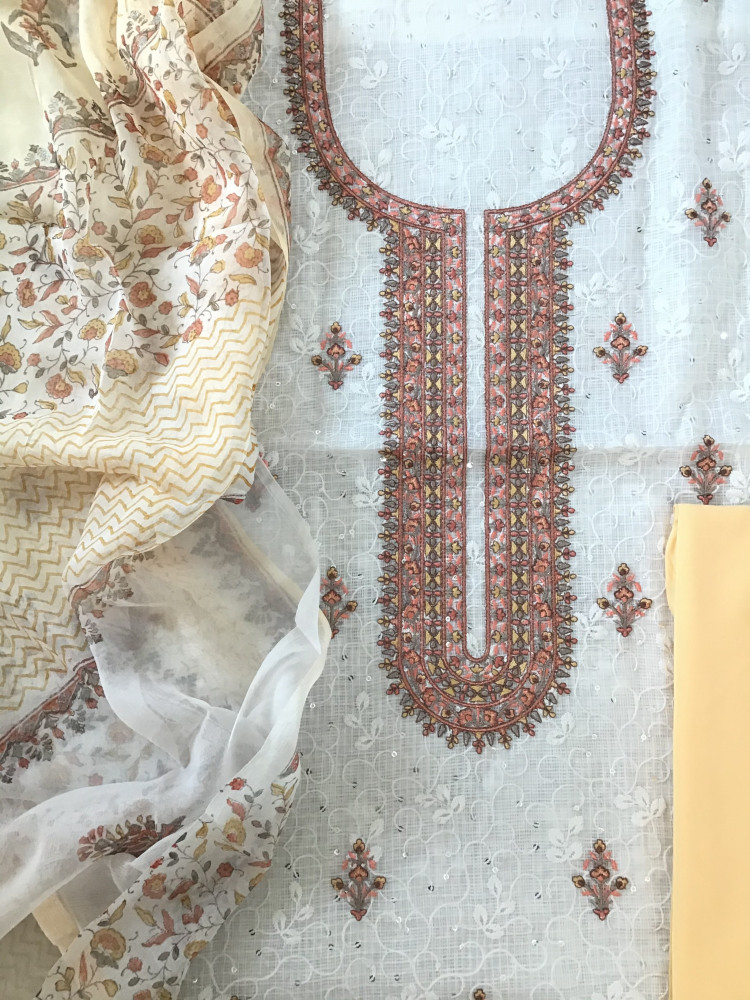 Image of Pure Kota Cotton Embroidered Suit - White/Yellow