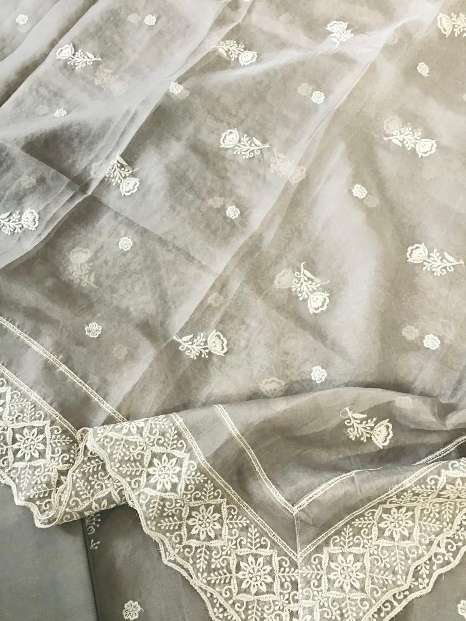 Soft Fine Organza Embroidered Suit - Beige