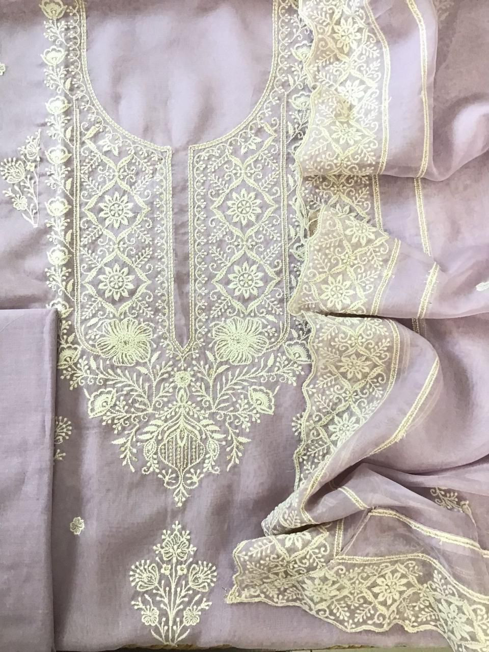 Soft Fine Organza Embroidered Suit - Lavender