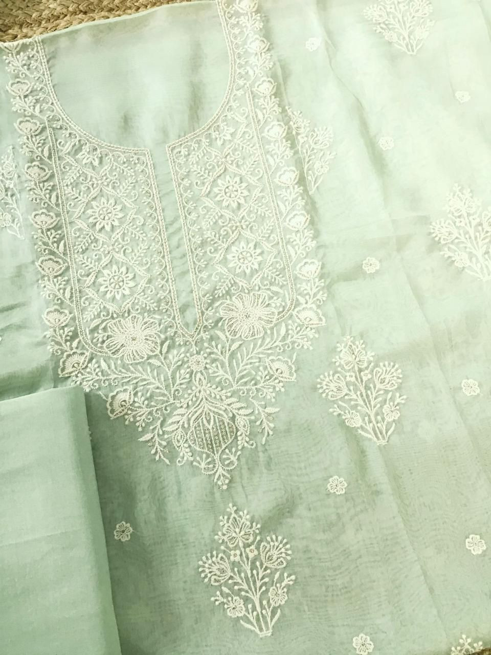 Soft Fine Organza Embroidered Suit - Green
