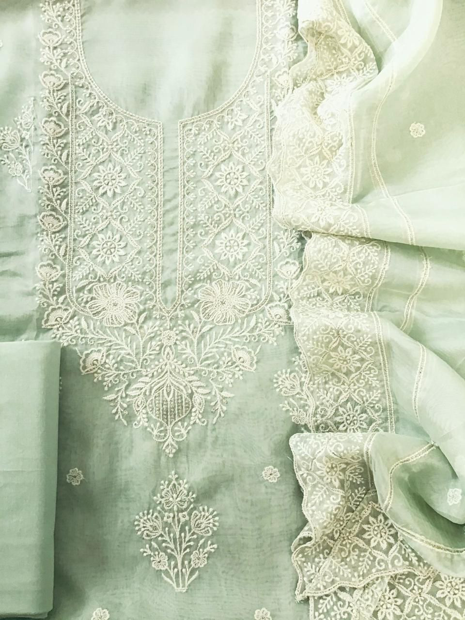 Soft Fine Organza Embroidered Suit - Green