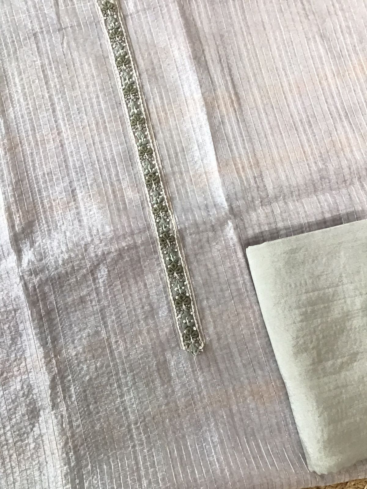 Soft Tissue Chanderi Printed Embroidered Suit - Beigish Green