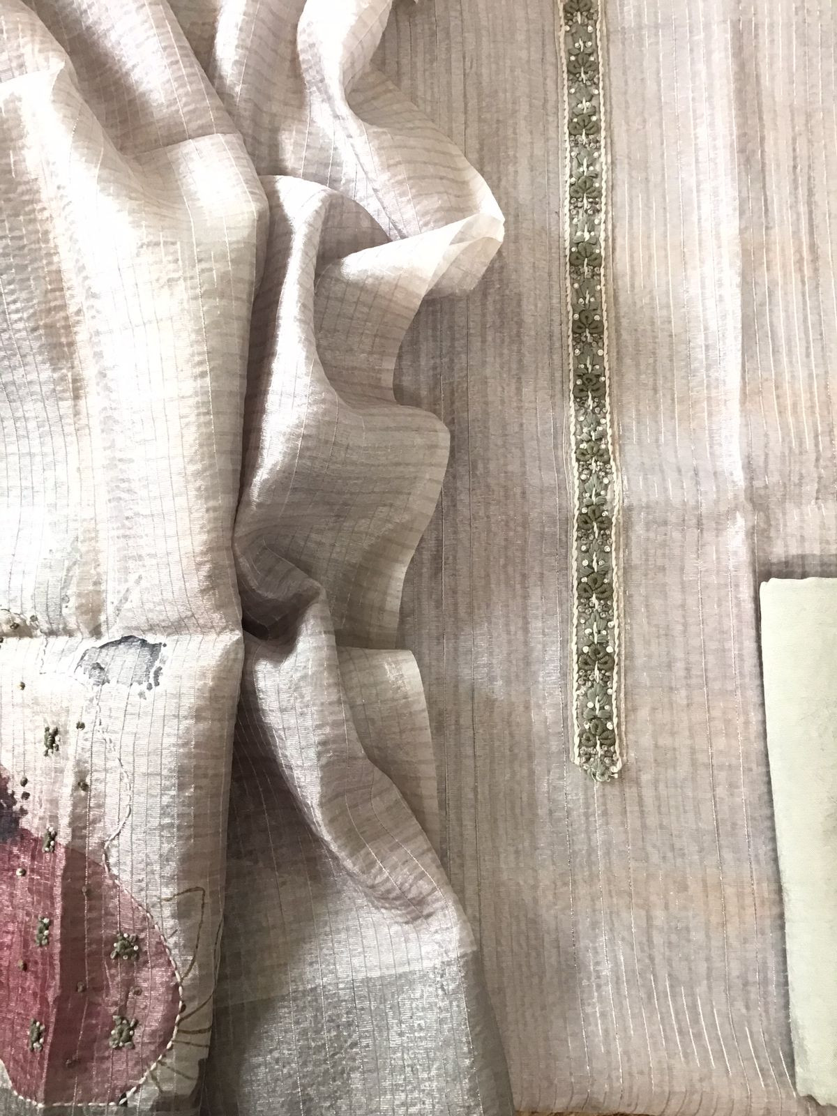 Soft Tissue Chanderi Printed Embroidered Suit - Beigish Green