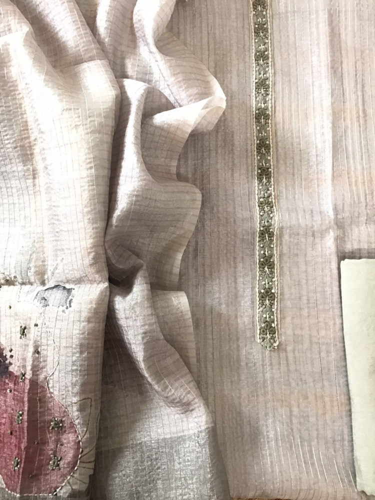 Image of Soft Tissue Chanderi Printed Embroidered Suit - Beigish Green