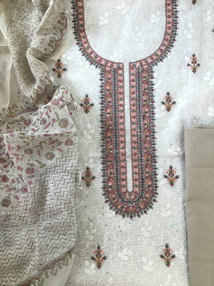 Image of Pure Kota Cotton Embroidered Suit - White/Brown