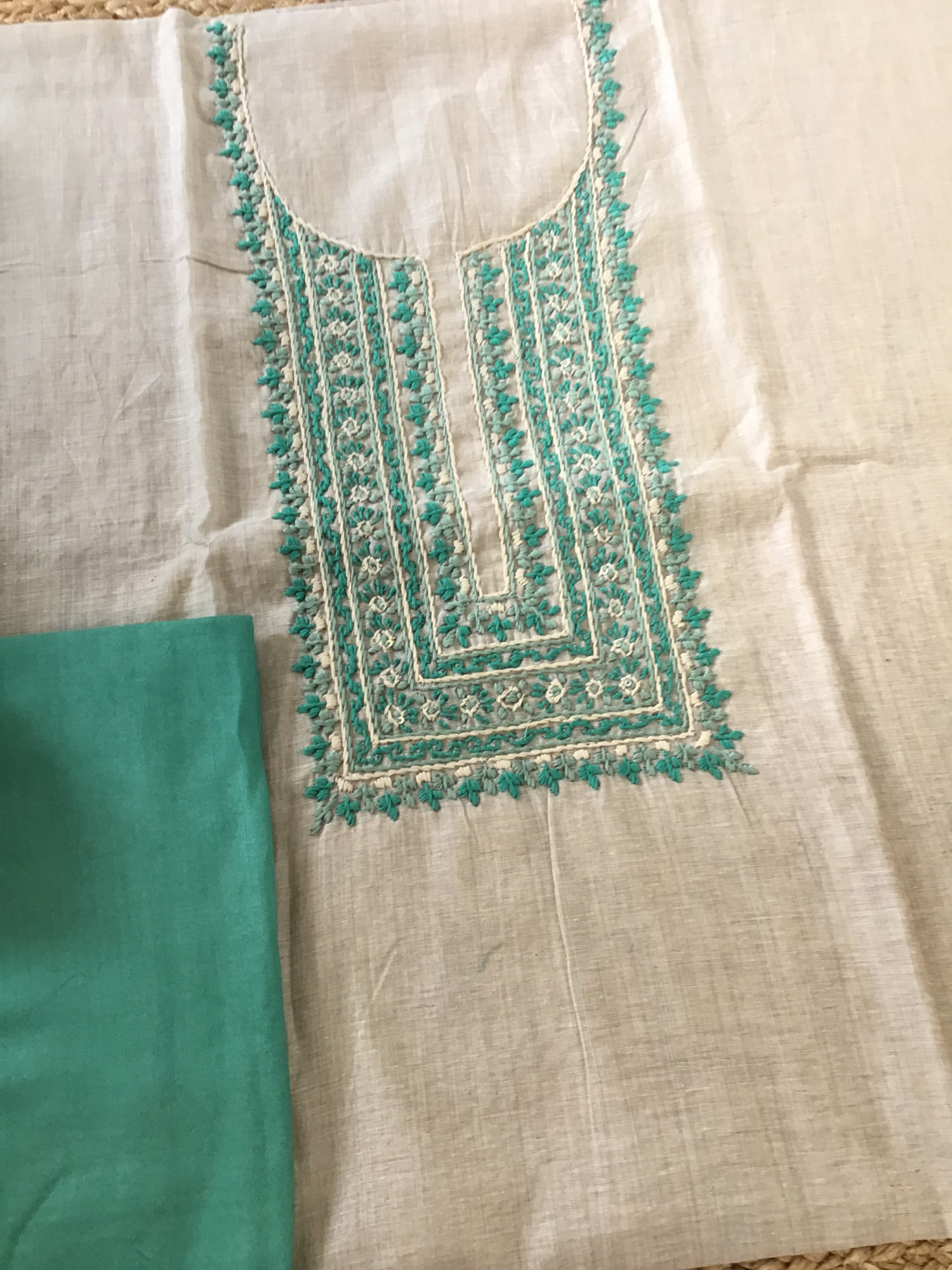 Soft Slub Chanderi Embroidered Suit - Beige