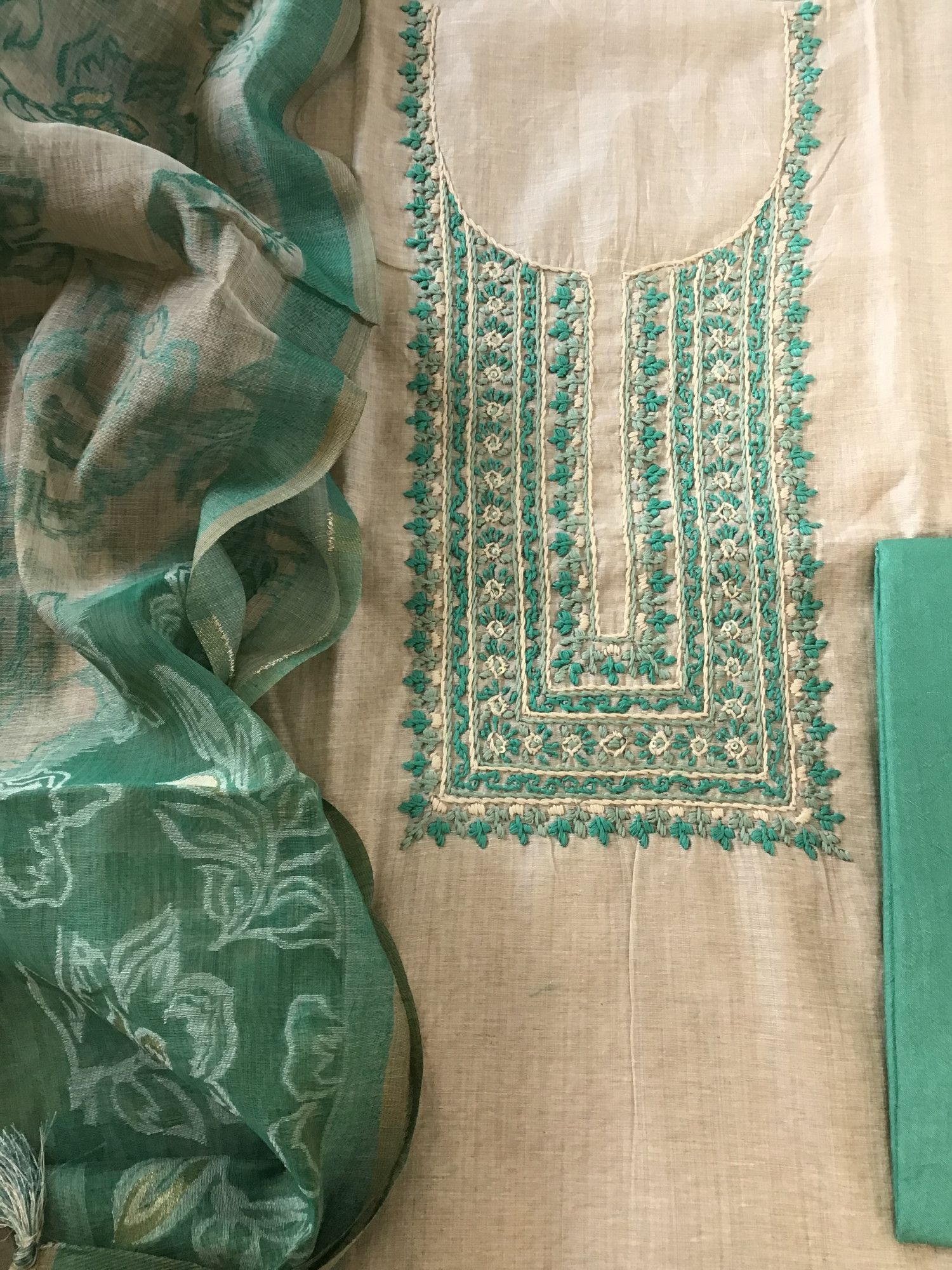 Soft Slub Chanderi Embroidered Suit - Beige