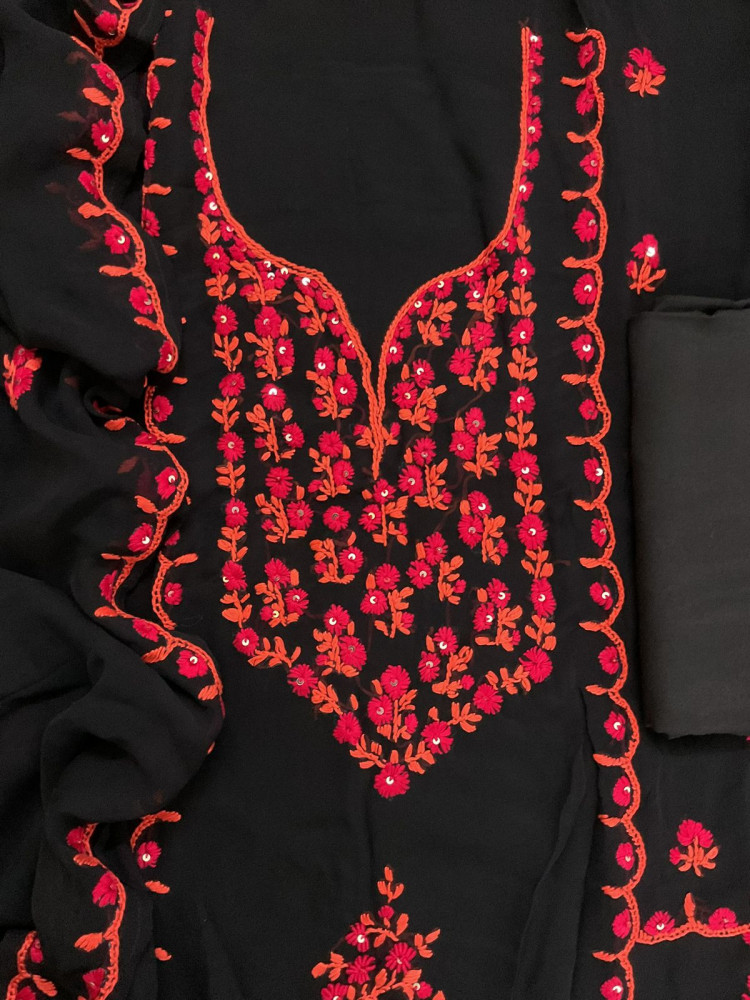 Image of Pure Georgette Embroidered Suit - Black