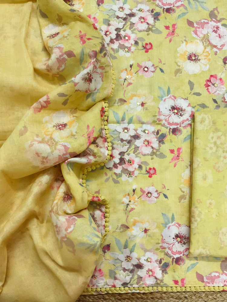 Image of Pure Slub Cotton Printed Embroidered Suit - Yellow