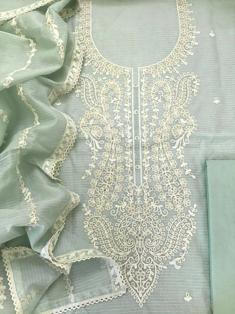 Image of Soft Kota Silk Embroidered Suit - Green