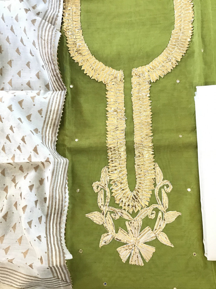 Image of Soft Chanderi Embroidered Suit - Green