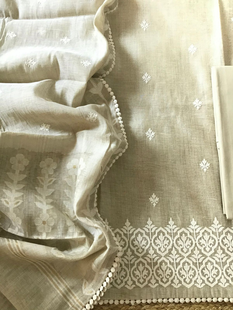 Image of Soft Slub Chanderi Jamdani Weaved Embroidered Suit - Beige