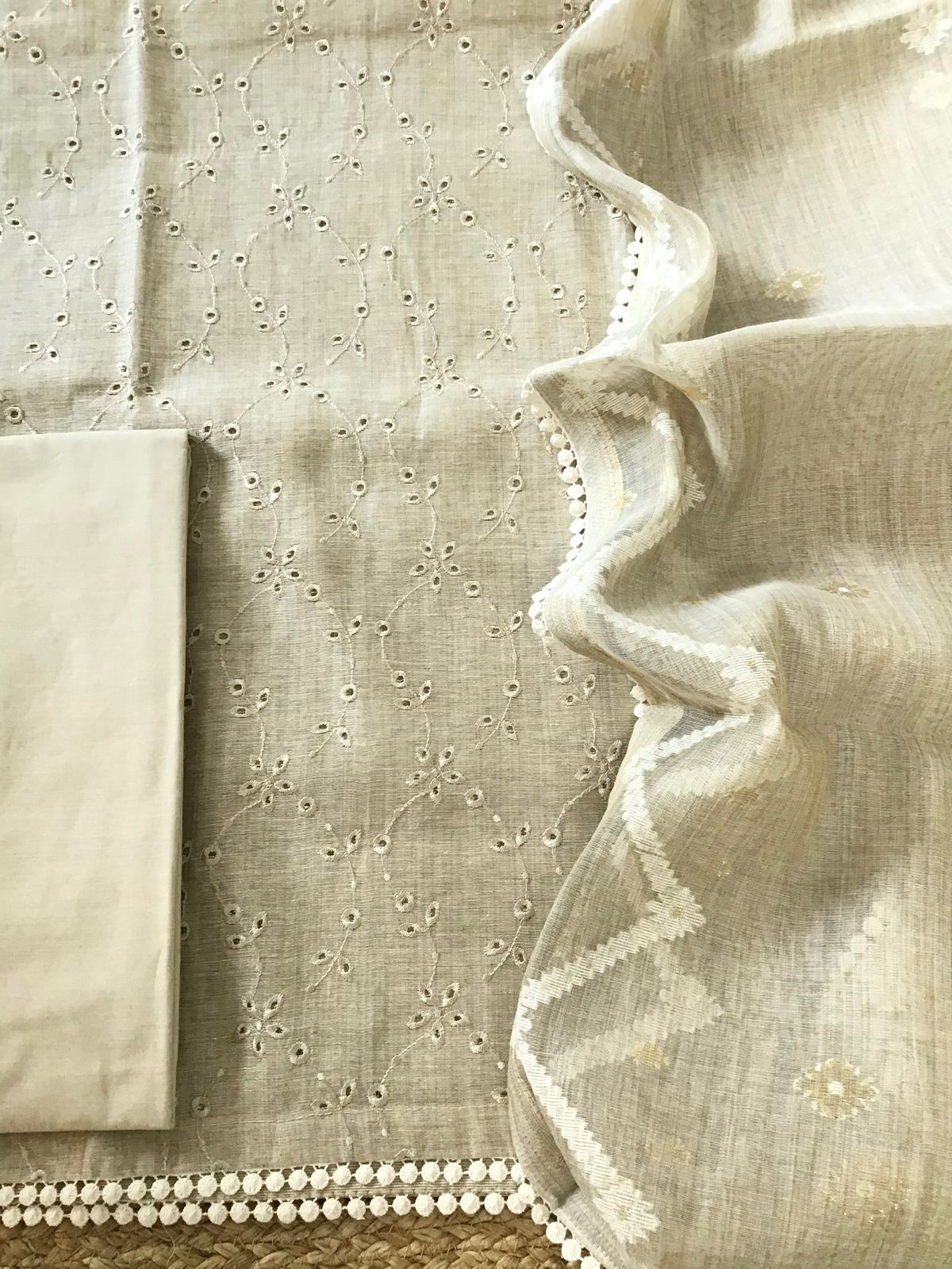 Soft Slub Chanderi Jamdani Weaved Embroidered Suit - Beige