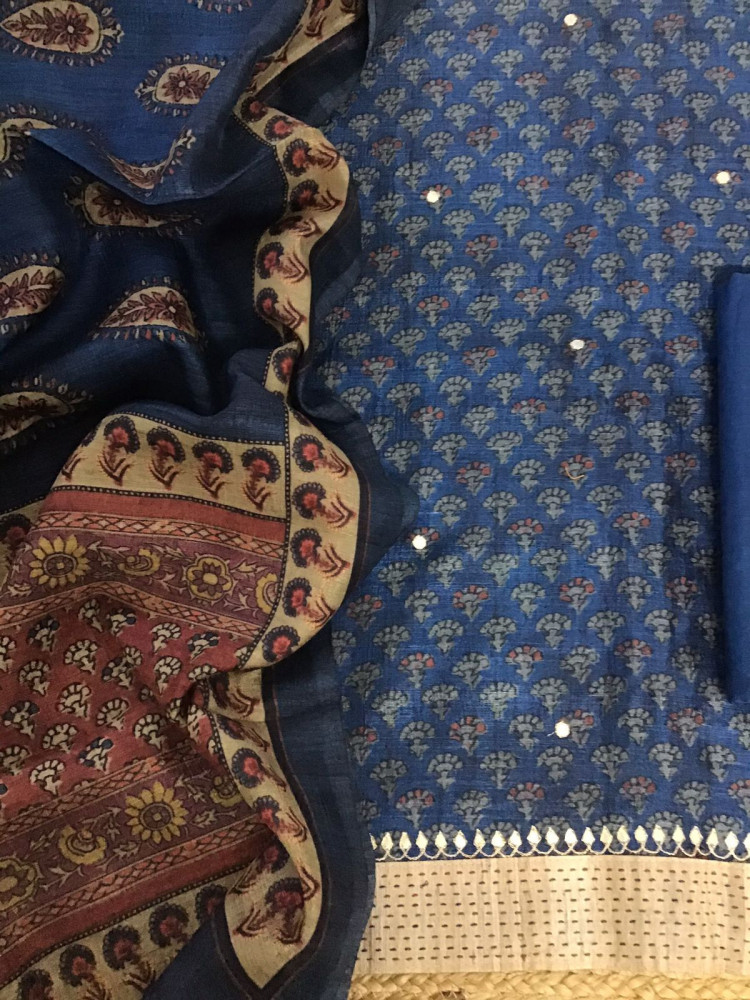 Image of Soft Semi Tussar Printed Embroidered Suit - Blue